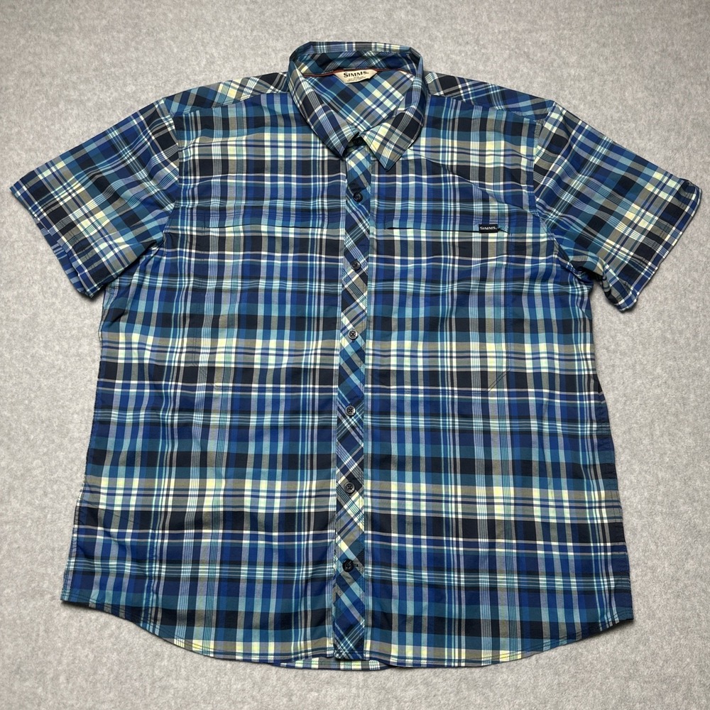 Simms Blue Plaid Fishing Shirt Short Sleeve Zip Pockets Button Up Nylon Men's XL